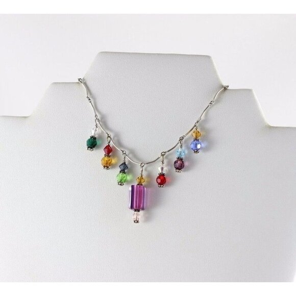 Sterling Silver Beaded Multi Color Necklace 16 inch Chain - Picture 6 of 10